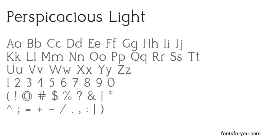 Schriftart Perspicacious Light – Alphabet, Zahlen, spezielle Symbole