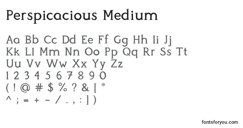 Czcionka Perspicacious Medium – alfabet, cyfry, specjalne znaki