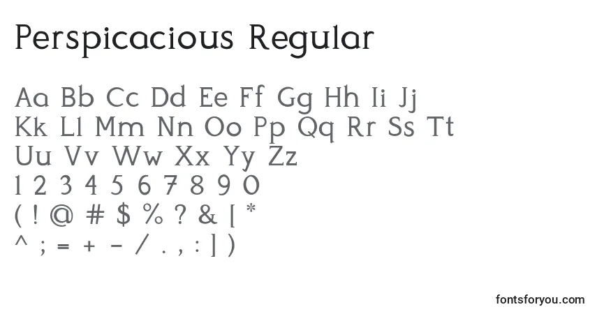 Czcionka Perspicacious Regular – alfabet, cyfry, specjalne znaki