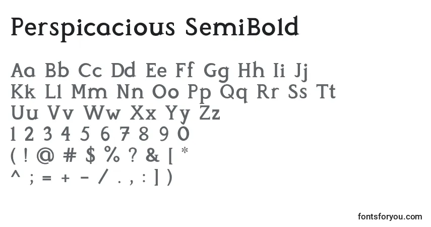 Schriftart Perspicacious SemiBold – Alphabet, Zahlen, spezielle Symbole
