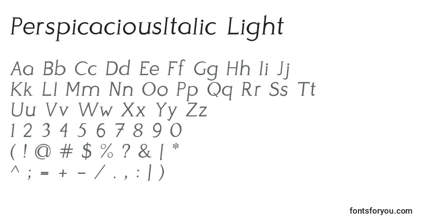 A fonte PerspicaciousItalic Light – alfabeto, números, caracteres especiais