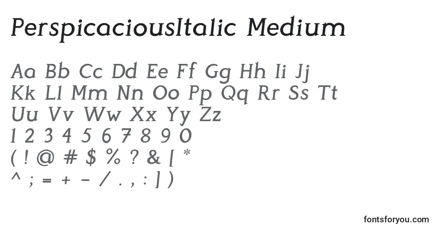 Schriftart PerspicaciousItalic Medium – Alphabet, Zahlen, spezielle Symbole