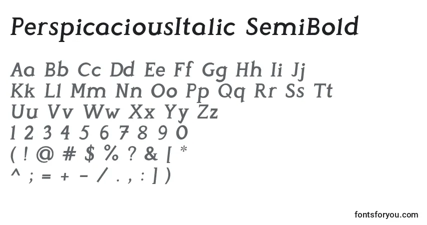 Fuente PerspicaciousItalic SemiBold - alfabeto, números, caracteres especiales