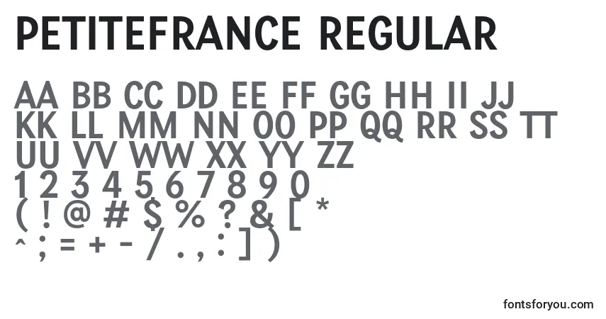 Schriftart PetiteFrance Regular – Alphabet, Zahlen, spezielle Symbole