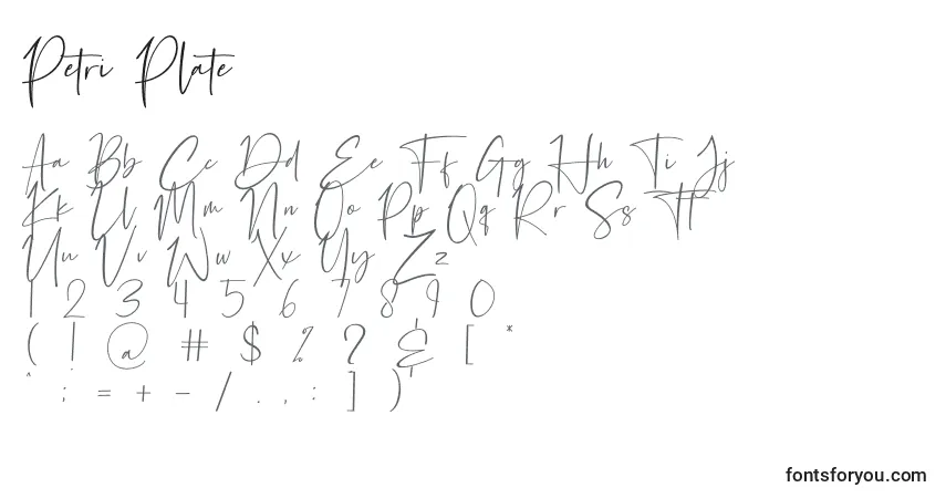 Czcionka Petri Plate – alfabet, cyfry, specjalne znaki