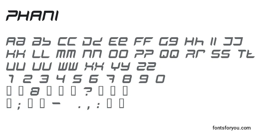A fonte PHANI    (136748) – alfabeto, números, caracteres especiais