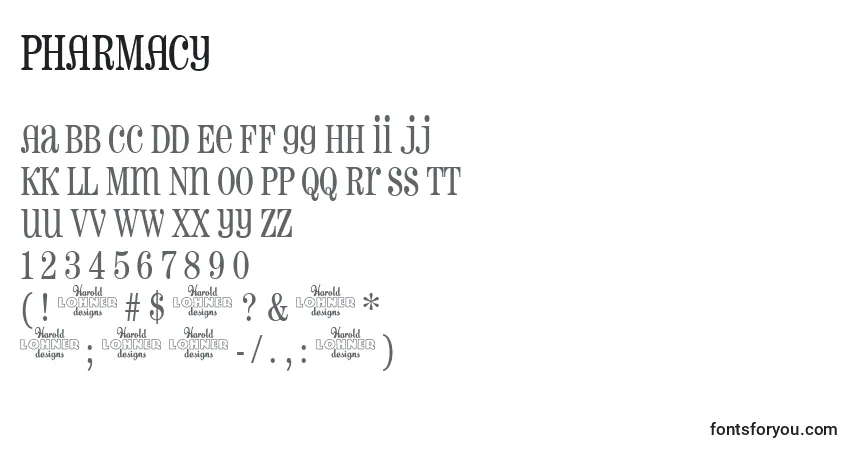 A fonte PHARMACY (136753) – alfabeto, números, caracteres especiais