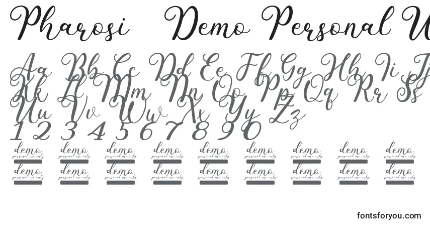 Schriftart Pharosi   Demo Personal Use Only – Alphabet, Zahlen, spezielle Symbole