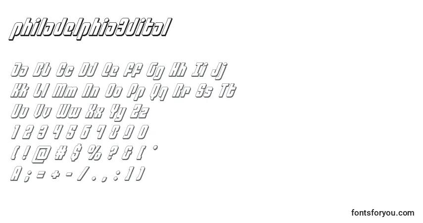 Schriftart Philadelphia3dital (136762) – Alphabet, Zahlen, spezielle Symbole