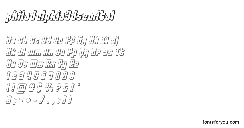 A fonte Philadelphia3dsemital (136763) – alfabeto, números, caracteres especiais