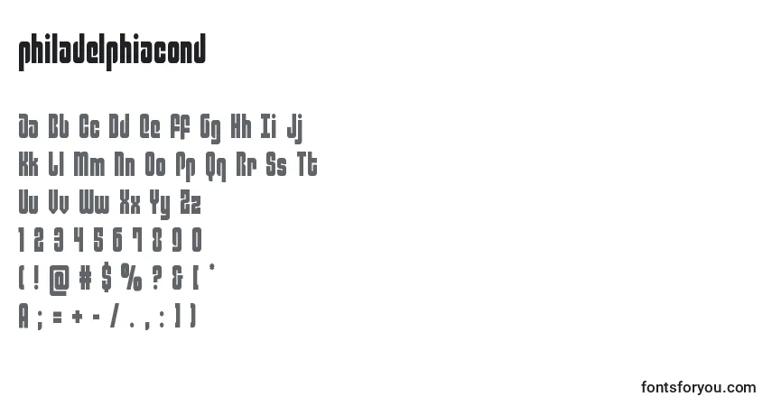 A fonte Philadelphiacond (136766) – alfabeto, números, caracteres especiais