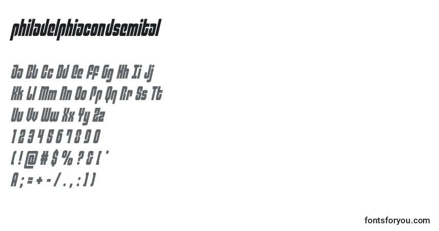 Шрифт Philadelphiacondsemital (136769) – алфавит, цифры, специальные символы