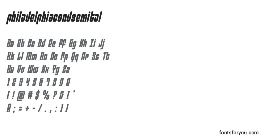 Шрифт Philadelphiacondsemital (136770) – алфавит, цифры, специальные символы