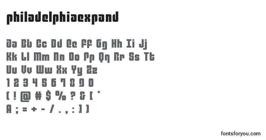 A fonte Philadelphiaexpand (136772) – alfabeto, números, caracteres especiais