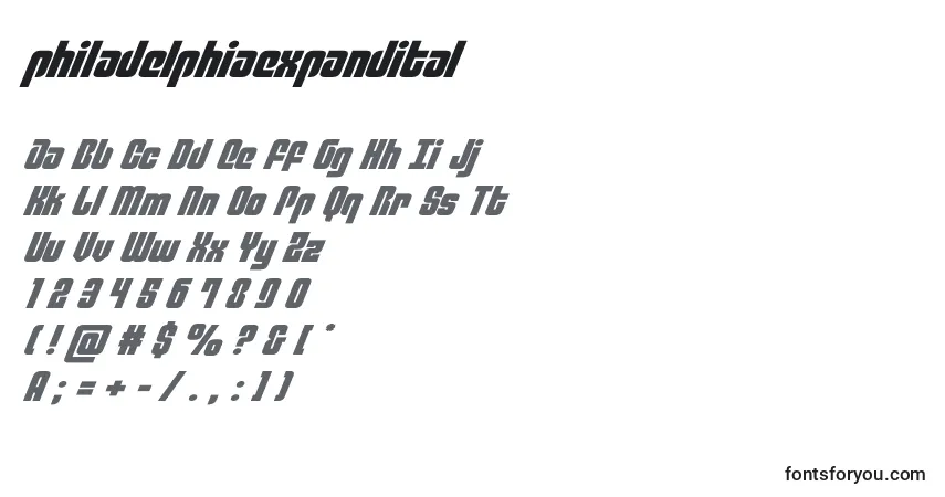 Schriftart Philadelphiaexpandital (136773) – Alphabet, Zahlen, spezielle Symbole
