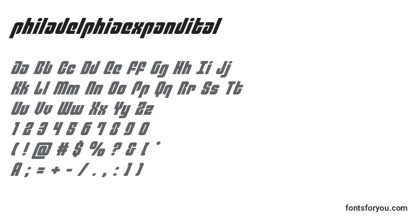 Schriftart Philadelphiaexpandital (136774) – Alphabet, Zahlen, spezielle Symbole