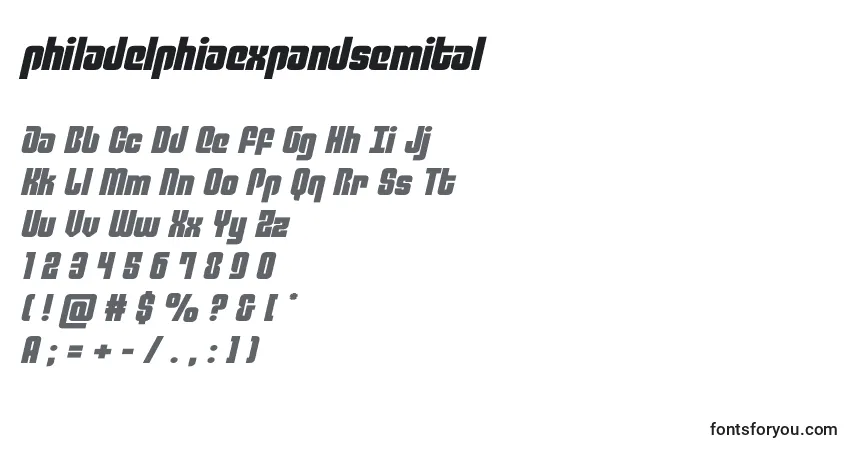 A fonte Philadelphiaexpandsemital (136775) – alfabeto, números, caracteres especiais