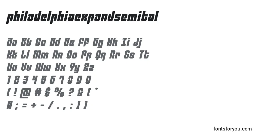 A fonte Philadelphiaexpandsemital (136776) – alfabeto, números, caracteres especiais