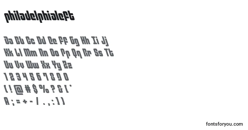 Czcionka Philadelphialeft (136779) – alfabet, cyfry, specjalne znaki