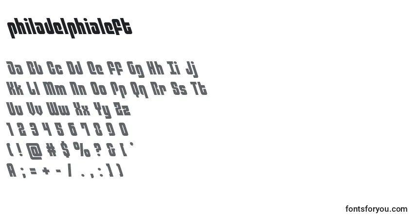 A fonte Philadelphialeft (136780) – alfabeto, números, caracteres especiais