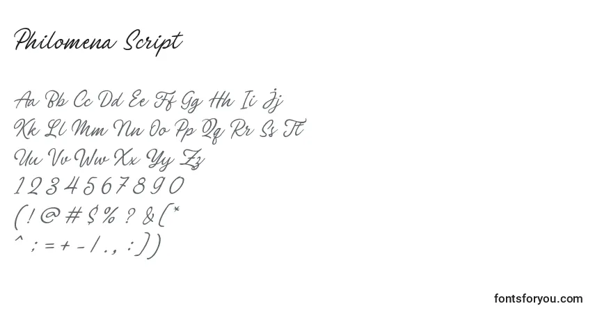 A fonte Philomena Script – alfabeto, números, caracteres especiais