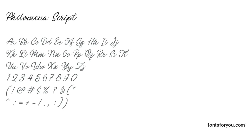 Schriftart Philomena Script (136788) – Alphabet, Zahlen, spezielle Symbole