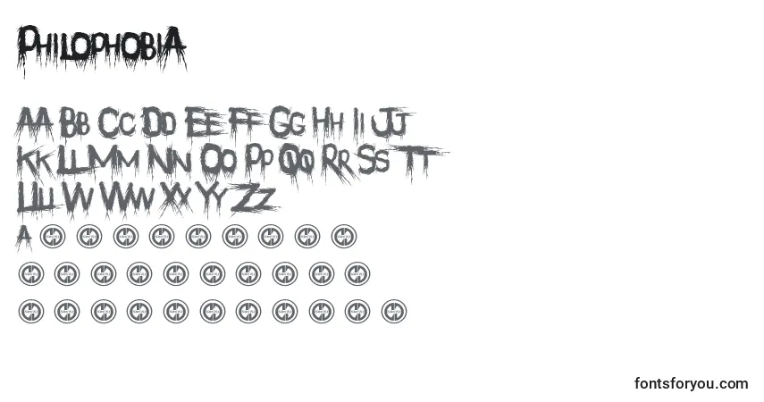Schriftart Philophobia – Alphabet, Zahlen, spezielle Symbole