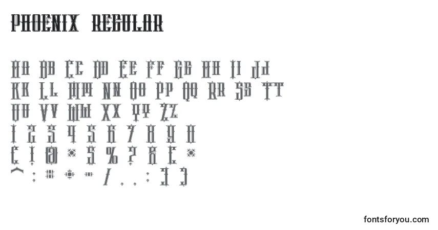 Schriftart Phoenix regular – Alphabet, Zahlen, spezielle Symbole