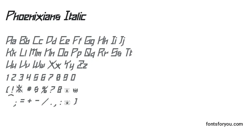 Шрифт Phoenixians Italic – алфавит, цифры, специальные символы
