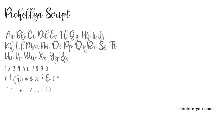 Czcionka Pichellya Script – alfabet, cyfry, specjalne znaki