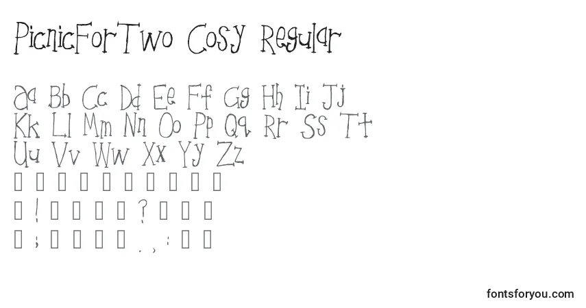 Czcionka PicnicForTwo Cosy Regular – alfabet, cyfry, specjalne znaki