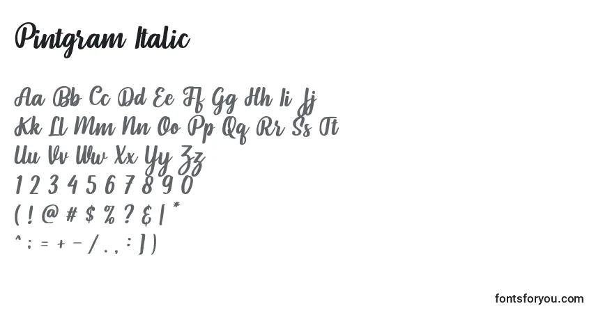 Schriftart Pintgram Italic – Alphabet, Zahlen, spezielle Symbole