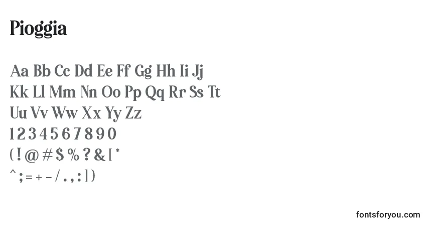 Czcionka Pioggia – alfabet, cyfry, specjalne znaki