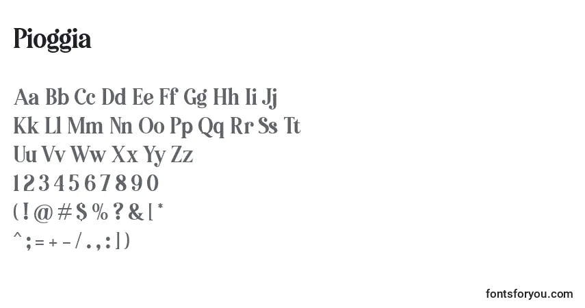 A fonte Pioggia (136904) – alfabeto, números, caracteres especiais
