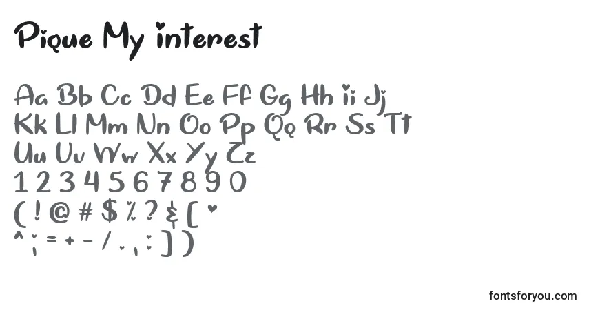 A fonte Pique My Interest   – alfabeto, números, caracteres especiais