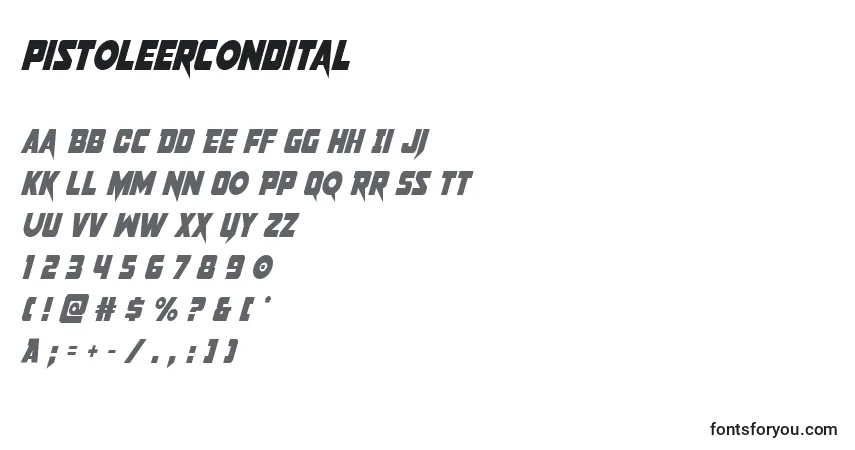 A fonte Pistoleercondital – alfabeto, números, caracteres especiais