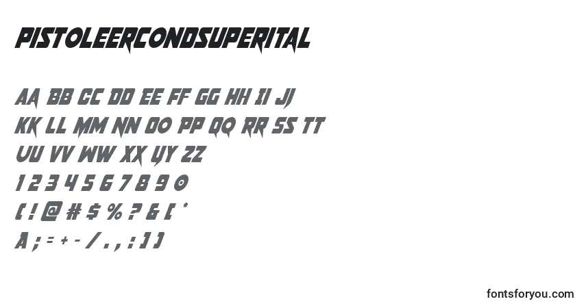 Czcionka Pistoleercondsuperital – alfabet, cyfry, specjalne znaki