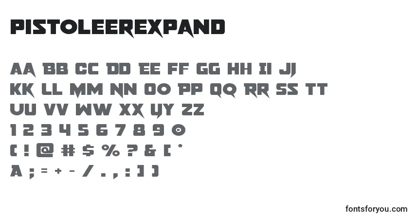 Schriftart Pistoleerexpand – Alphabet, Zahlen, spezielle Symbole