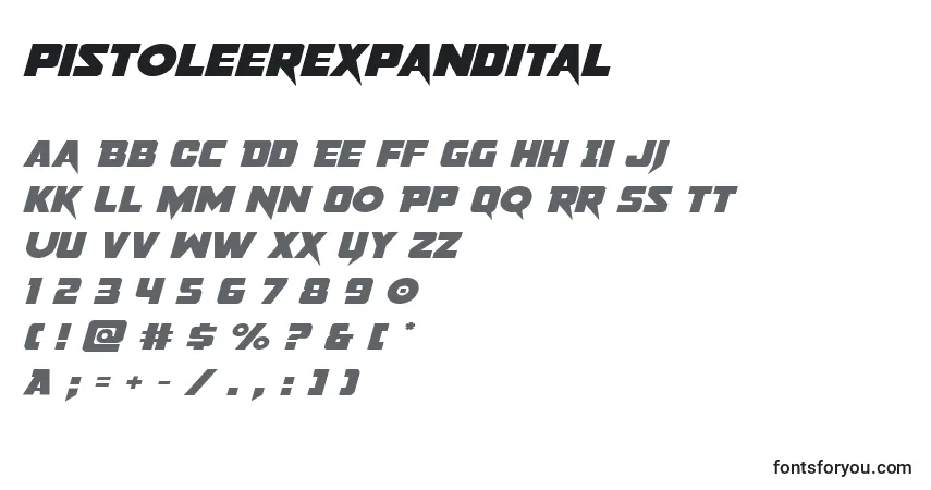 Schriftart Pistoleerexpandital – Alphabet, Zahlen, spezielle Symbole