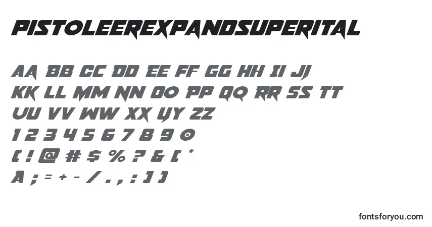 Schriftart Pistoleerexpandsuperital – Alphabet, Zahlen, spezielle Symbole