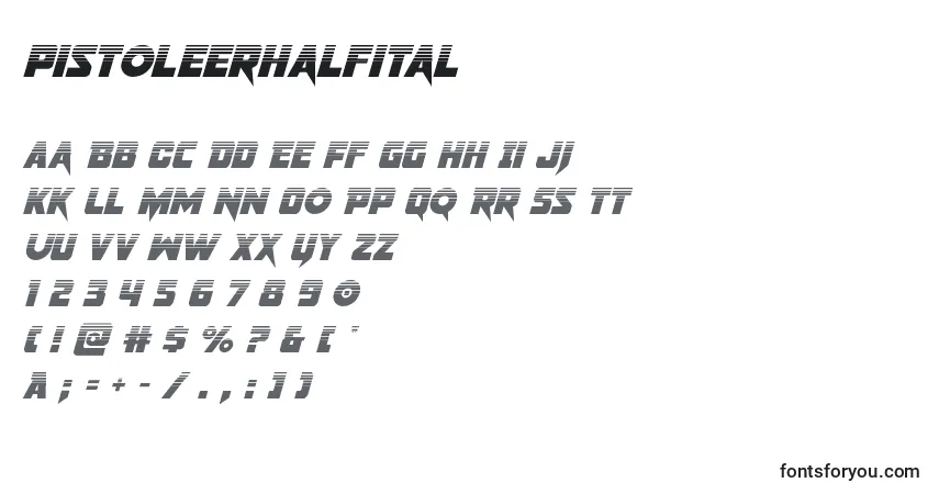 A fonte Pistoleerhalfital – alfabeto, números, caracteres especiais