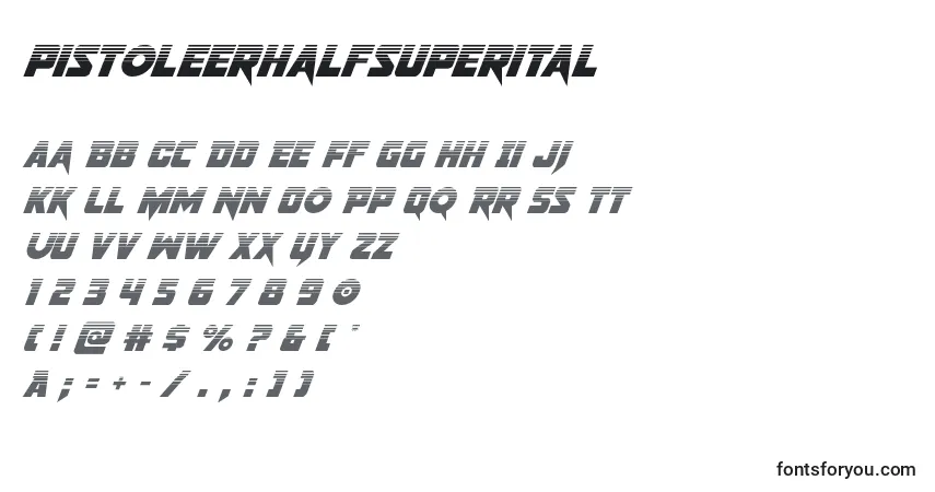 Czcionka Pistoleerhalfsuperital – alfabet, cyfry, specjalne znaki