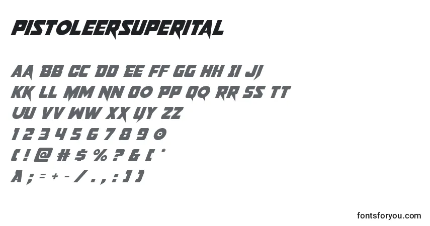 Czcionka Pistoleersuperital – alfabet, cyfry, specjalne znaki