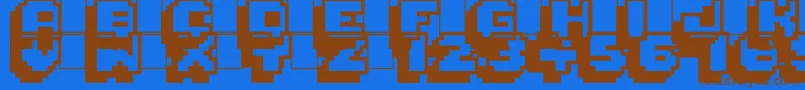 フォントPixelmania – 茶色の文字が青い背景にあります。