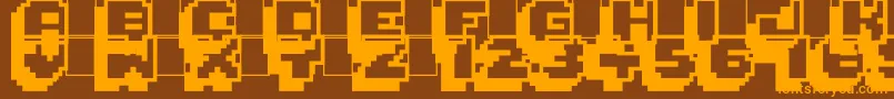 Pixelmania-Schriftart – Orangefarbene Schriften auf braunem Hintergrund