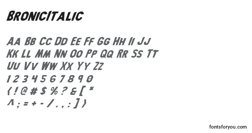 Schriftart BronicItalic – Alphabet, Zahlen, spezielle Symbole