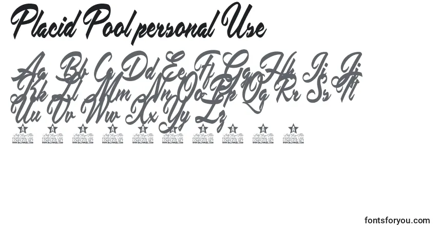 Schriftart Placid Pool personal Use – Alphabet, Zahlen, spezielle Symbole