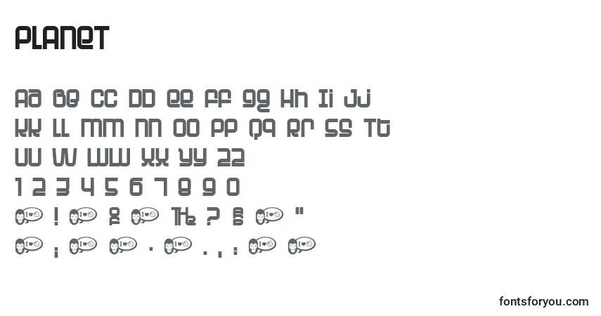 A fonte PLANET   (136979) – alfabeto, números, caracteres especiais