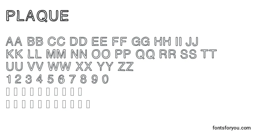Schriftart PLAQUE – Alphabet, Zahlen, spezielle Symbole