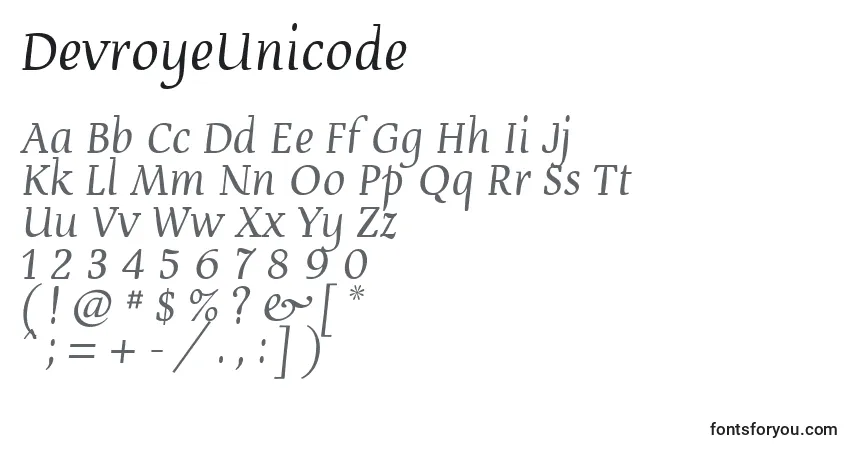Schriftart DevroyeUnicode – Alphabet, Zahlen, spezielle Symbole